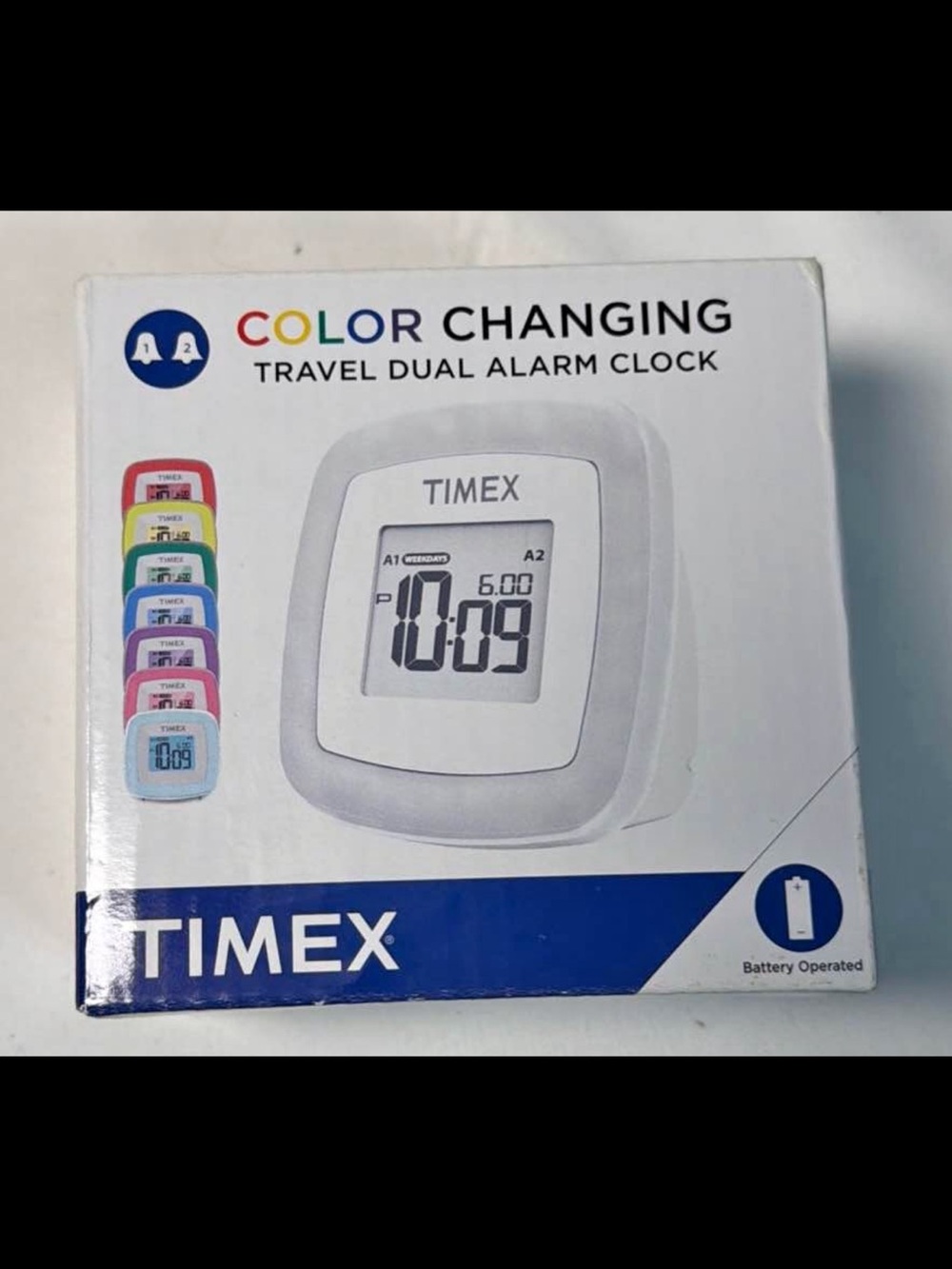Timex White Color-Changing Travel Dual Alarm Clock